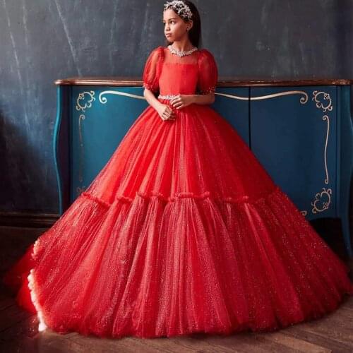 2021 Red Flower Girl Dresses For Wedding Glitter Beads Half Long Sleeve Toddler Pageant Gowns Birthday First Communion Dress