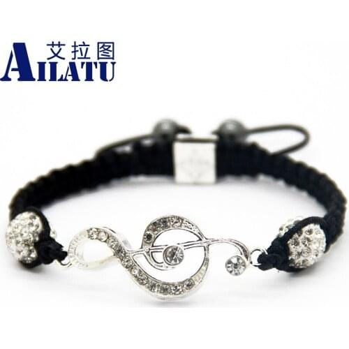 Ailatu Wholesale New Style Silver Color Music Crystal Macrame Bracelets Jewelry with Round Clay Ball