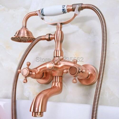 Antique Red Copper Double Handles Wall Mount Clawfoot Bath Tub Faucet Telephone Hand Held Shower Mixer Tap Lna322