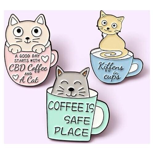 Cup Cats Enamel Pins Custom Catpuccino Coffee Kitten Brooch Bag Clothes Lapel Pin Pet Badge Animal Jewelry Gift for Friends
