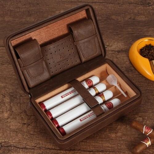 GALINER Leather Cigar Humidor Travel Cedar Wood Cigar Case 4 Tube Holder Sigaar Box For COHIBA Cigars Outdoor Humidor Box