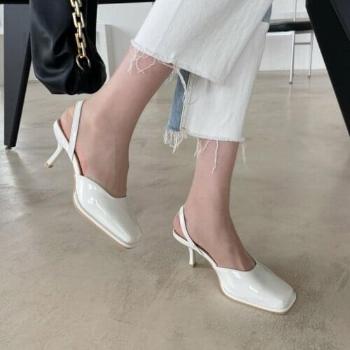 Japanned Leather square toe pumps woman sandalias stiletto high heels shoes for women 2021 slingback shiny elastic band talons