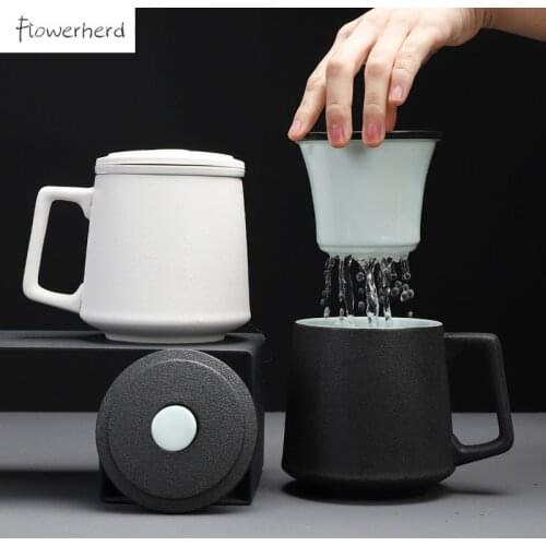 Ceramic Tea Mug Coffee Mug with Lid Handle Filter Teaware Black Pottery Creative Home Office Teacup Tumbler Cup Mugs Coffee Cups