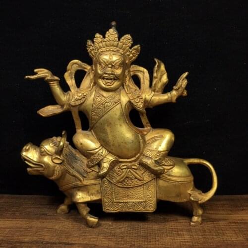 8"Chinese temple collection Old Bronze Gilt Bull riding Huang Caishen Sitting Buddha Yellow God of Wealth Buddha Statue Ornament