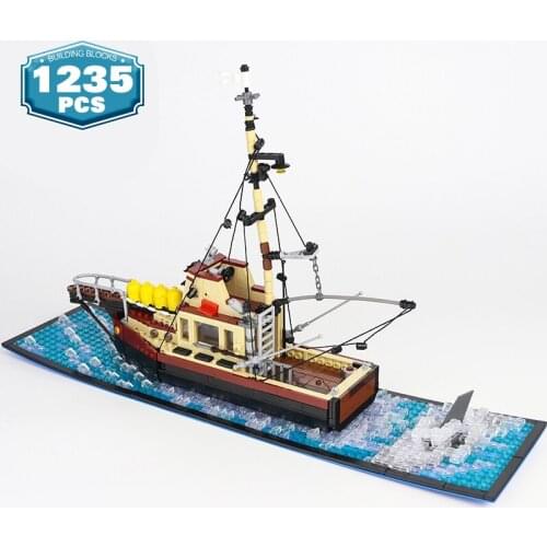 Moc Technical Great White Shark Fishing Boat City Sailboat Ocean Building Block Model Constructor Children Toy Birthday Gift