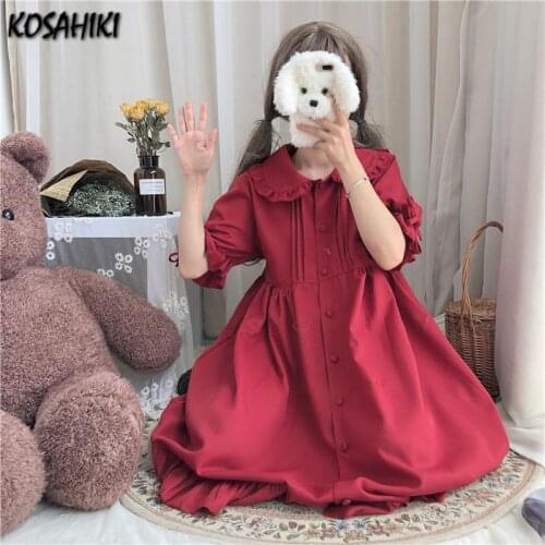 KOSAHIKI Dress Women Preppy Kawaii Peter Pan Collar Ulzzang Solid Girls Dresses Ruffles Lovely Holiday Summer Femme Sundress