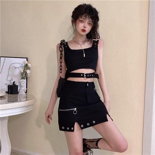 Korean Harajuku Diablo Style Suit Sleeveless Short Backless Sling High Waist Slit Chain Mini Skirt Vintage Slim Two-piece Suit