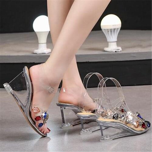 Summer Female Sexy Crystal Transparent High Heels Women Glass Rhinestone Ankle Strap Sandals Ladies Open Toe Shoes Wedge Pumps