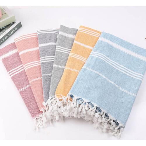 Striped Cotton Turkish Sports Bath Towel with Tassels Travel Gym Camping Sauna Beach Pool Blanket Absorbent Easy Care