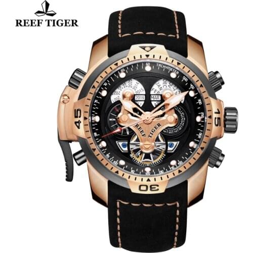 Reef Tiger/RT Military Watches Mens Rose Gold Steel Automatic Watches Genuine Leather Strap Sport Watches RGA3503