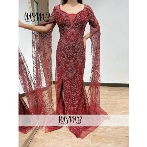 MYMB Luxury Haute Couture Lace Evening Gown Wine Elegant Fitted Split Dress Women For Wedding Party Long Sleeve MY31141