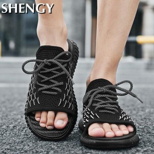 New Mens Sandals Lace Up Mesh Open Toe New Fashion Sandals Men Breathable Soft Platform Slippers Mens Summer Outdoor Male Brand