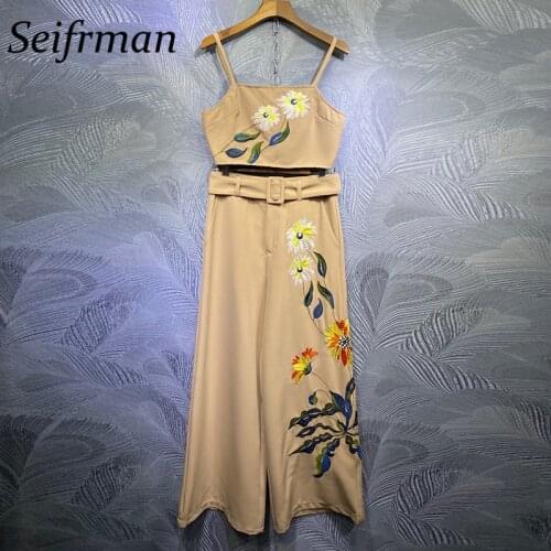 Seifrmann Women Summer Fashion Runway Designer Pants Set Sexy Cami Short Top+High Waist Embroidery Long Pants 2 Two Pieces Suit