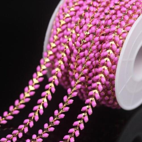 Chevron Enamel Crafts Pink Beaded Rosary Chains,Plated Gold Arrow Shape Beads Lampwork Glass Link Copper Chain Necklace Jewelry