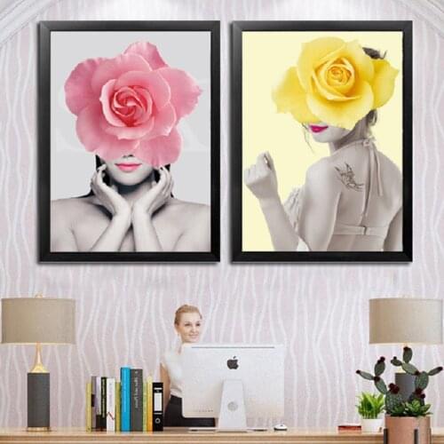 Nordic Pink Yellow Flowers Beauty Girls Canvas Prints Posters Wall Art Canvas Paintings Model Pictures Bedroom Home Decoration