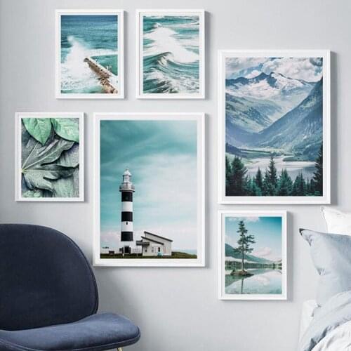 Modern Home Decoration Nordic Blue Scenery Poster Fresh Leaves Sea Bridge Lake Canvas Painting Wall Art Pictures For Bedroom