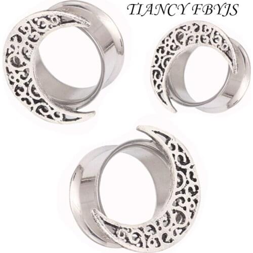 Flesh Tunnel Silver Hollow Flare Ear Tunnel Plug Piercing Double Flared Edelstahl Tube with Moon 2016 New Style Plugs Piercing
