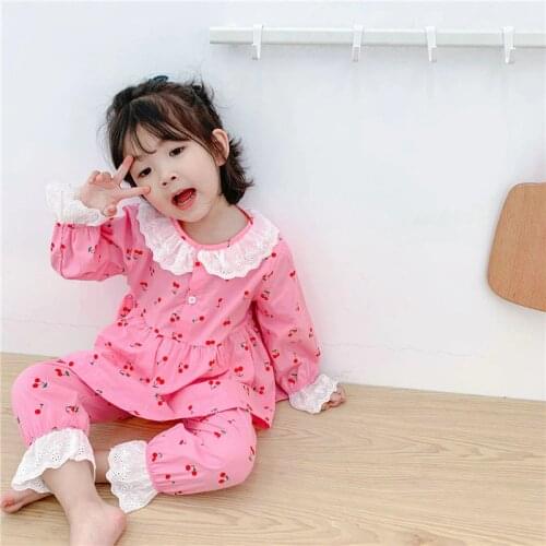 Spring Autumn Girls Pajamas 2pcs Set Cherry Print Lace Patchwork Shirts+Pants Baby Girl Clothes Cotton Baby Home Wear 12M-6T