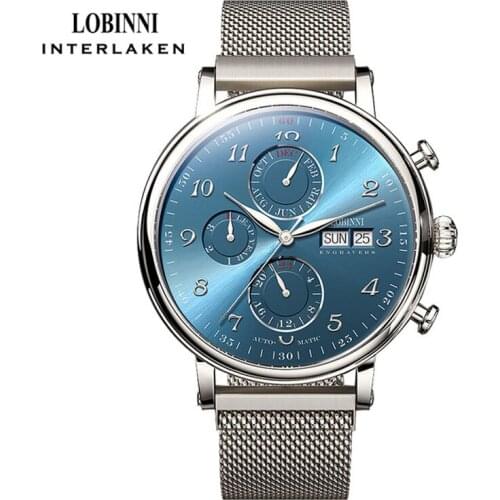 LOBINNI Sapphire Glass Waterproof Watches Mesh Steel Band Mens Automatic Mechanical Watch Date Week Multi Function Wristwatch