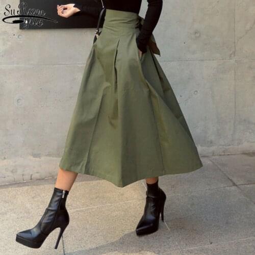 Army Green Skirt 2021 Spring and Autumn A-line Skirt Y2k Bow Big Swing Skirt Slim Waist Skirt Robe Chemise Femme 13131