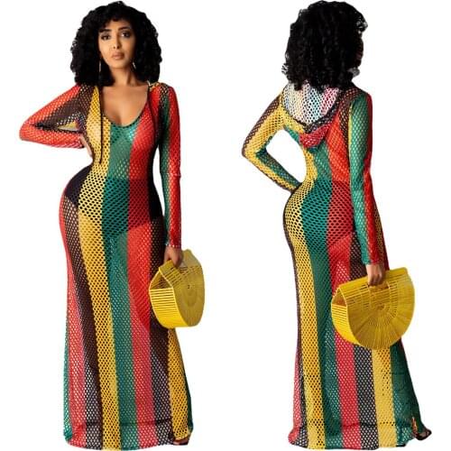 2021 Summer Women Multicolored Strips Hooded Long Sleeve Hollow Perspective Color Mesh Beach Nightclub Blouse Loose Long Dress