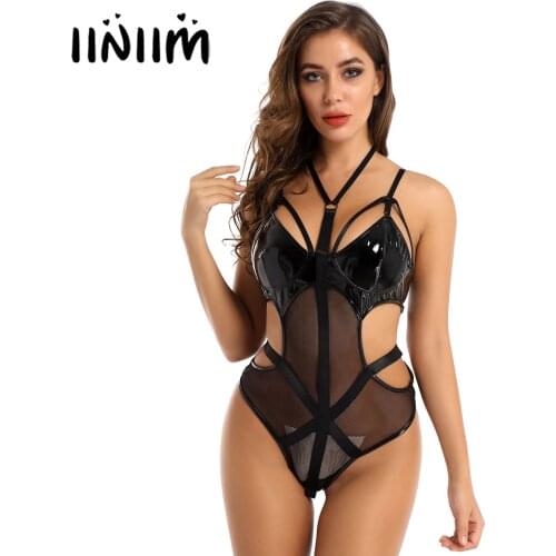 Womens Ladies Leather Mesh Bodycon Patchwork Lingerie Bodystocking Catsuit Cut Out Waist Pole Dance Bodysuit Clubwear Costumes