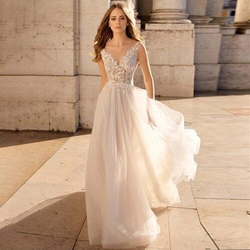 Evening Dresses Illusion V-Neck Sleeveless Embroidery Backless Tulle Luxury White A-Line Vintage Women Formal Party Gown TS078