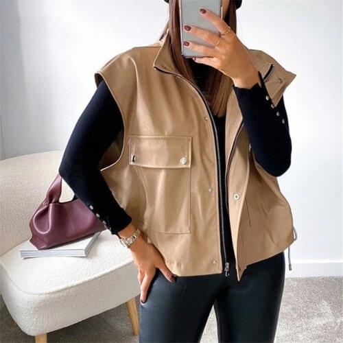 Korean Fall Sleeveless Brown PU Leather Vest Waistcoat Leather Jacket Oversized Black Womens Top Zipper Button Cargo Waist Coat