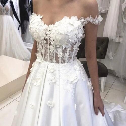 3D Flower A-Line Lace Stain Off-the-shoulder Wedding Dresses Pearls Boho Bridal Gowns Corset Back Romantic Vestido De Noiva