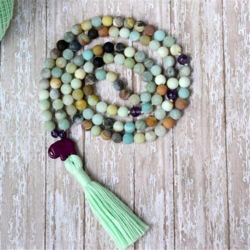 8mm Amazonite Stone 108 Beads Handmade Tassel Necklace Classic Japa Meditation Mala Yoga