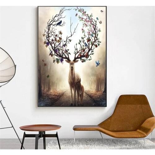Abstract Deer Animal Wall Art Poster Bird Butterfly Tree Branch Print Forest Landscape Canvas Painting Nordic Picture Home Decor
