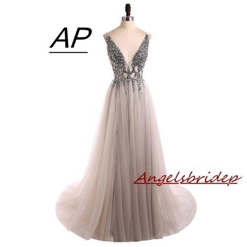 ANGELSBRIDEP Backless Evening Dress 2021 Charming V-Neck Tulle Vestido De Festa Longo Sparkly Crystal Beading Long Evening Gowns
