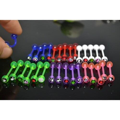Free shippment LOT100pcs Body Piercing Body Jewelry - UV Flexible Logos Tongue Ring Bar barbells