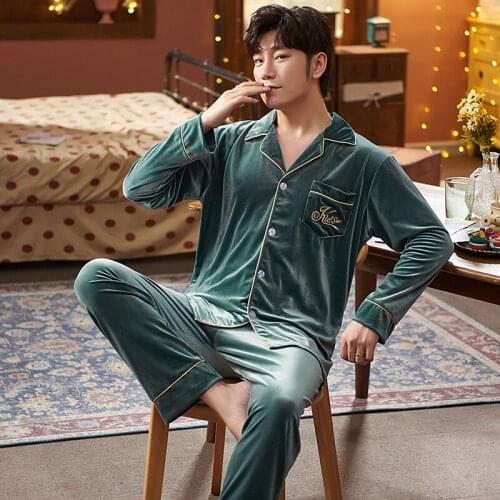 Burgundy Pink Long-Sleeve Sleep Tops Velvet Cardigan Men Sleepwear Casual Nightwear Pajama Set Wear Pants Pyjama Nightgown