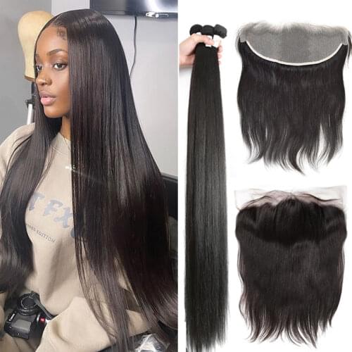 28 30 32 34 36 38 40 inch Brazilian Hair Weave Bundles With Frontal Straight 13x4 Ear To Ear Human Hair Bundle With Lace Closure