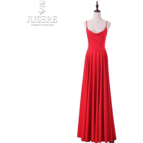 Jusere Plain Clean Spaghetti Straps Sexy Neckline Flowing Soft Fabric Pleats Lace up Back Elegant Floor Length Prom Dress 2018