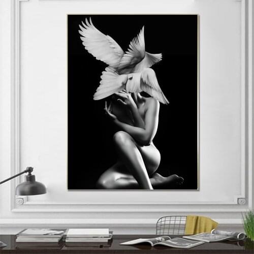 Wall Art Feather Sexy Naked Woman Abstract Fashion Lady Head Flower Canvas Painting and Prints Modular Picture Beauty Home Decor