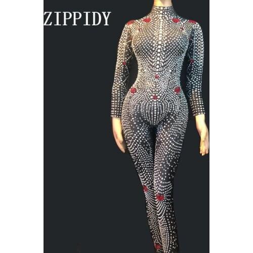 Black Rhinestones Pearls Jumpsuit Womens Birthday Stretch Bodysuit Leggings Nightclub Female Singer Show Costume Outfit