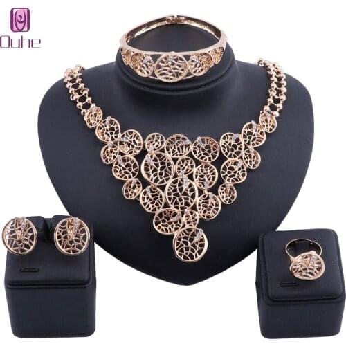 Dubai Gold Color Crystal Necklace Ring Bangle Jewelry Set Women Costumer Nigerian Wedding Party African Beads Jewelry Set