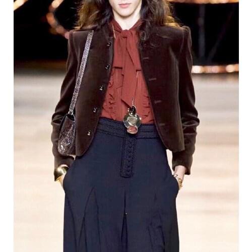 End 10.24 Vintage High Velvet Slim Temperament Jacket Coat Stand Collar Long Sleeve Shoulder Pad Short Outerwear 2021 New