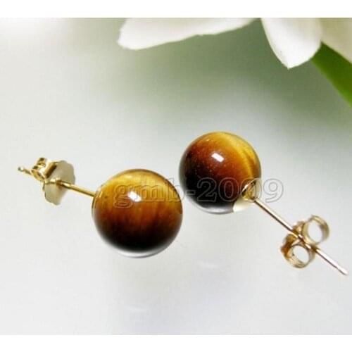 Fashion jewelry Free Shipping 10mm Genuine Natural Yellow Tiger Eye Stone 18K Earrings -Bride jewelry