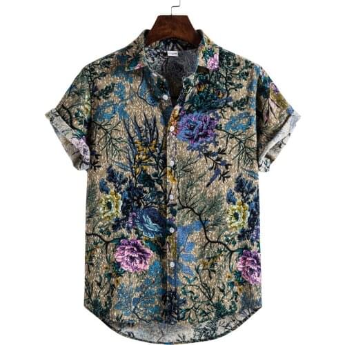 Mens Linen Ethnic Short Sleeve Casual Printing Hawaiian Shirt Blouse T-shirt Summer Casual Handsome Men Shirts Female Blouse