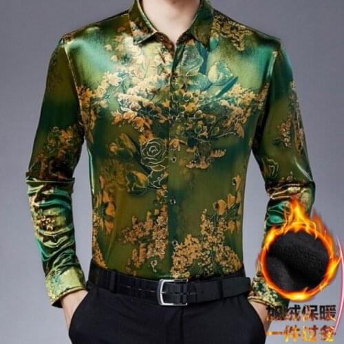 Mens Thermal Velvet Shirts Winter Male Fashion Floral Printed Warm Clothing Long Sleeve Thick Velvet Dress Free Shipping