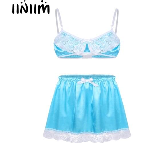 Iiniim Mens Lace Sissy for Male Lingerie Set Babydoll Adjustable Spaghetti Straps Bra Top with Short Skirt Gay Sexy Underwear