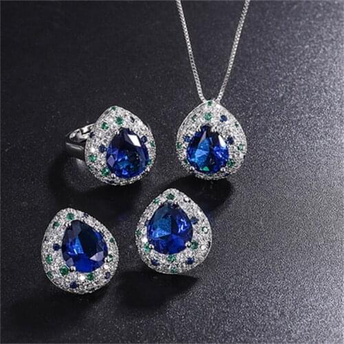 QTT Blue Jewelry Sets Triangle Cubic Zirconia Stone 925 Sterling Silver Earrings Pendant Necklaces Finger Rings