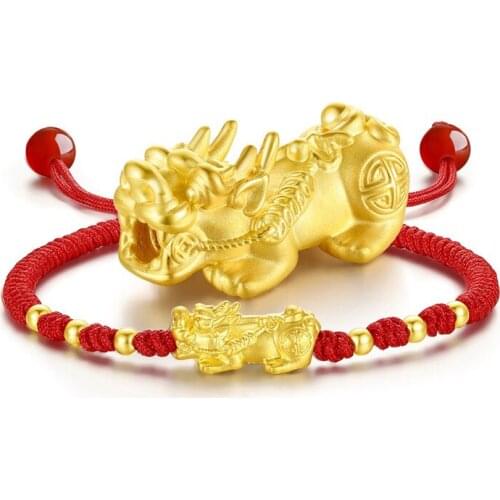 Real 999 24K Yellow Gold Bracelet Women 3D Luck Bless Pixiu with 6pcs Smooth Bead Red Cord Weave Bracelet 1-1.5g
