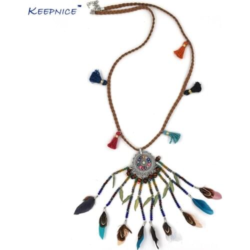 New Handmade Bohemia Boho Long Fringe Tassel Pendant Tribal Maxi Necklace Colorful Beaded Tassel Feather Pendants Necklace