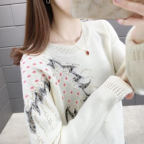 Autumn New Style Round Neck Pierced Embroidered Sequined Knit Sweater Top Sweater Women Loose And Versatile Thin Pullover Traf