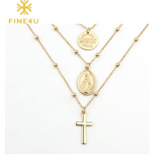 FINE4U N269 Multi-Layer Cross Virgin Mary Pendant Necklaces Stainless Steel Beads Necklace Crucifix Rosary Jewelry