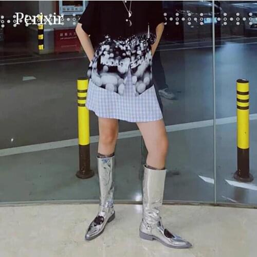 Perixir Design Women Boots Silver Love Heart Hollow Pointed High Footwear Slip On Flat Heel Pointed Toe 2021 Spring Lady Shoes